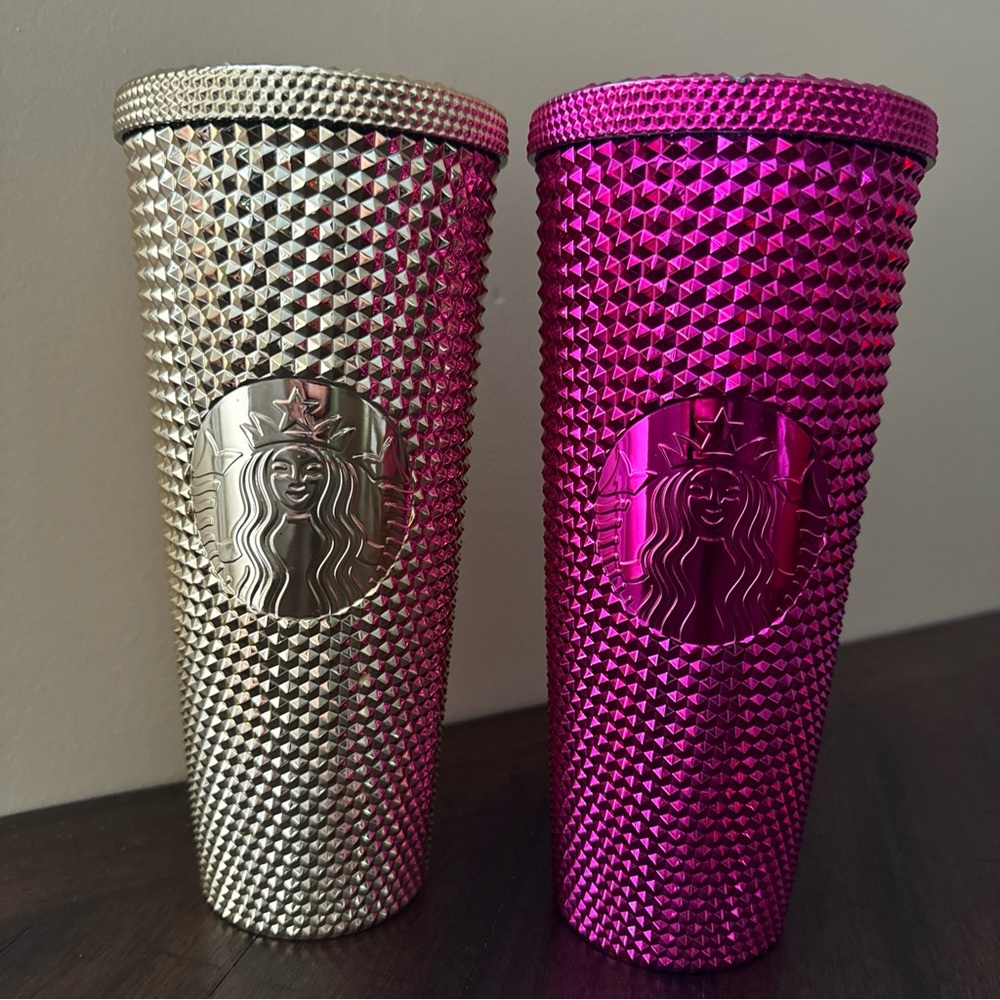 Lot Of 2 Starbucks Pink And Gold Studded Venti Tumbler 24 oz No Straw